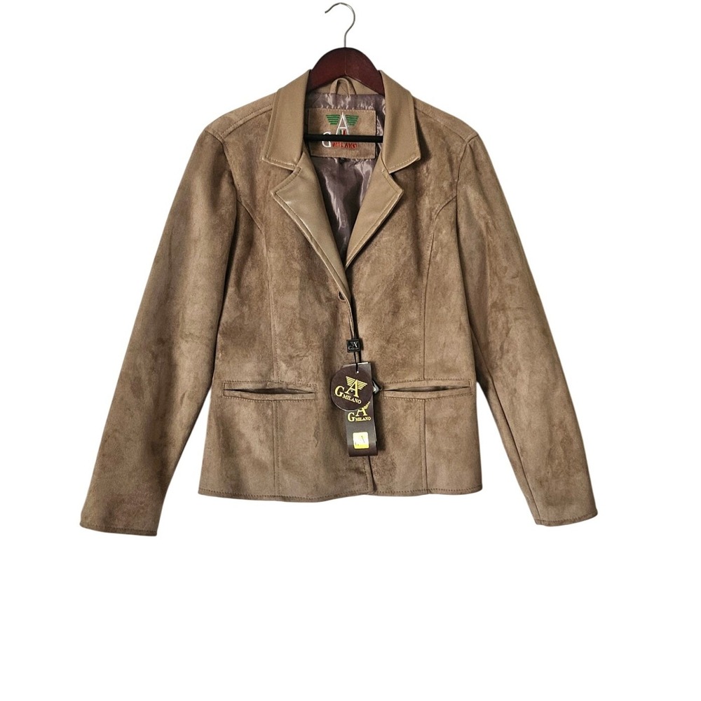 GA Milano NWT Faux Suede Blazer Jacket XL Tan Faux Leather Trim Italy